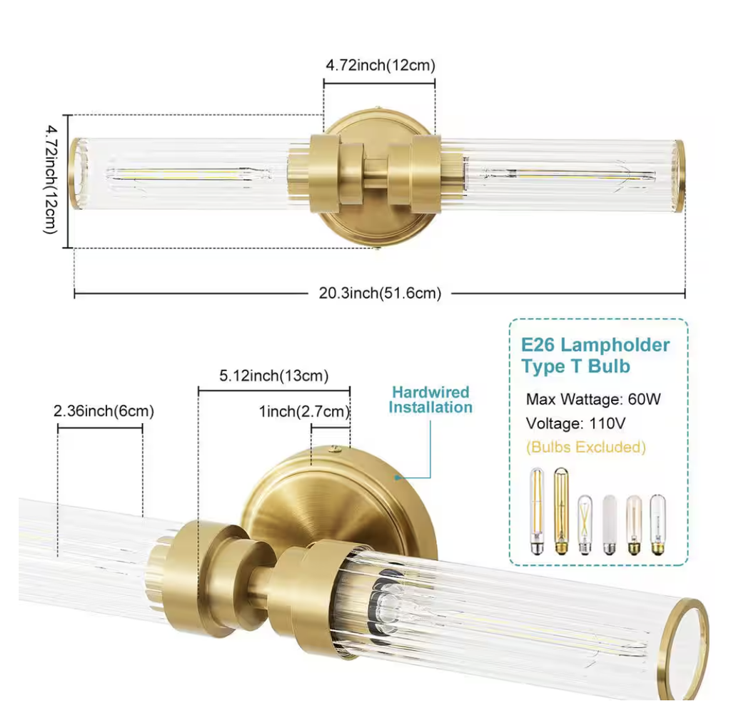 [1013263511] 2-Light Vintage Gold Wall Sconce with Fristed Clear Glass Shade 