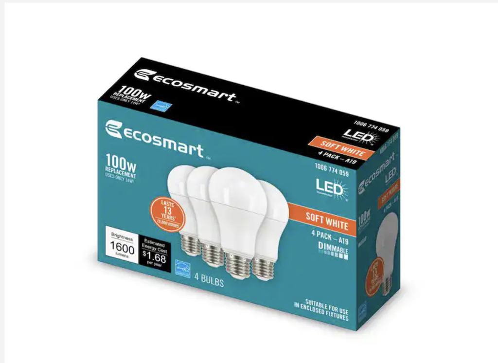 EcoSmart 100W-Equivalent A19 Dimmable LED Bulb Soft White 4-Pack